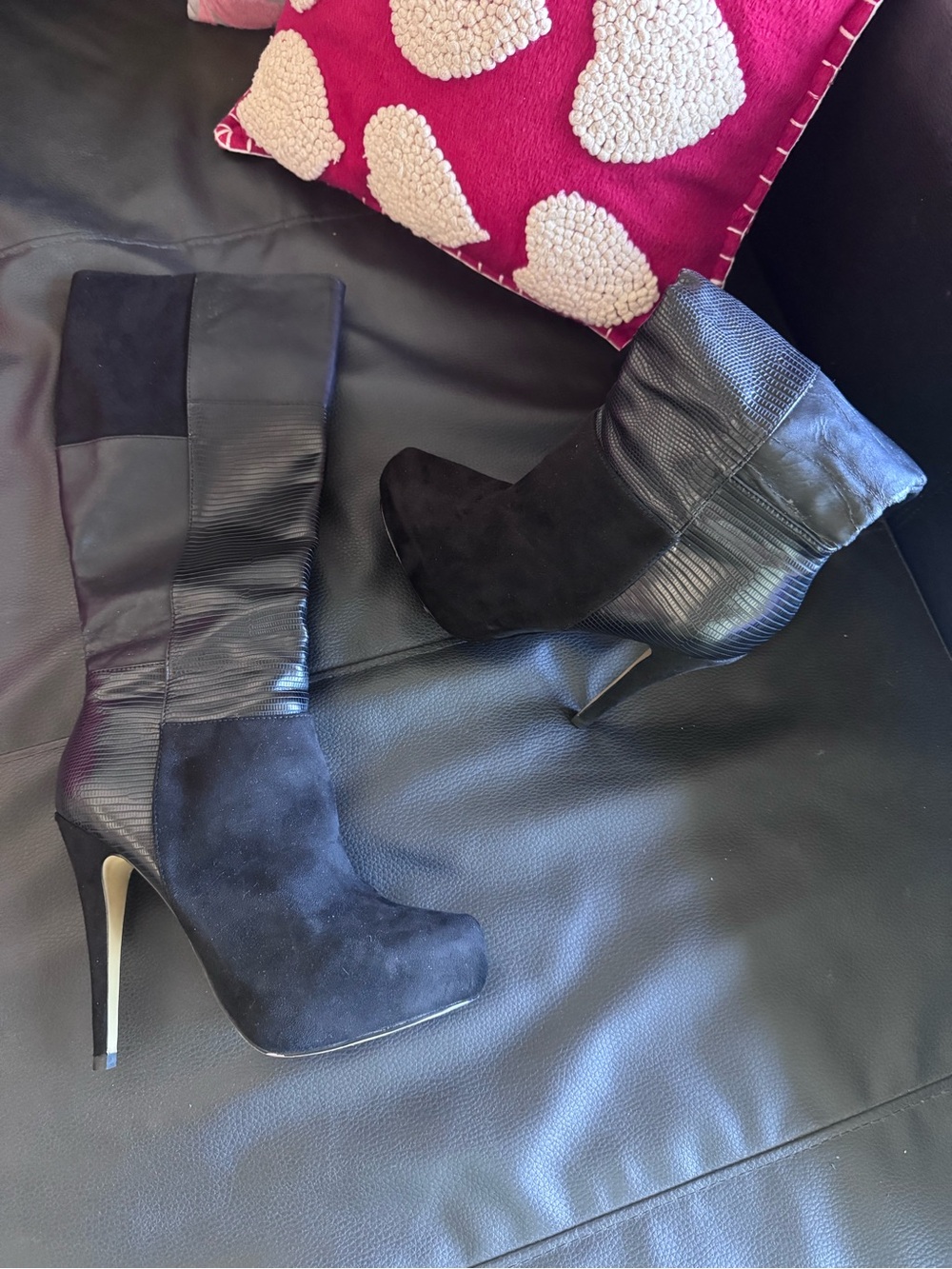 bebe Black Suede & Faux-Leather High-Heel Knee Boots